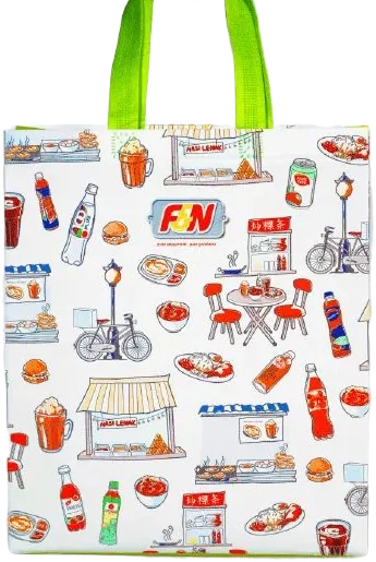 White F&N tote bag printed all over with illustrated drinks and street scenes