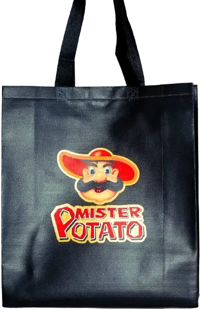 Black Mister Potato tote bag with the mascot logo