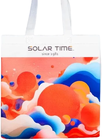 White Solar Time tote bag with a red, orange and blue wave print