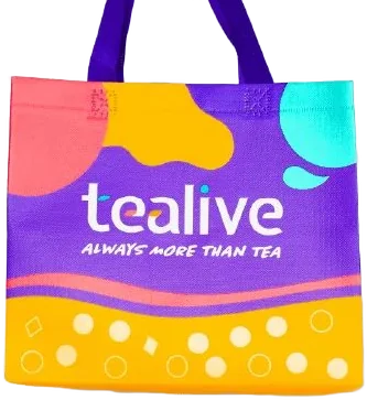 Yellow and purple Tealive tote bag with purple handles