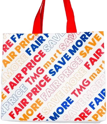 White TMG Mart tote bag printed with repeating Fair Price Save More text in red, blue and yellow