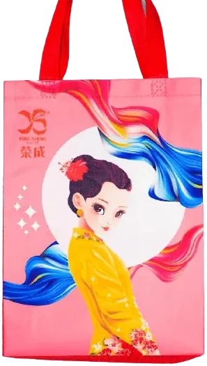 Pink Yong Sheng tote bag with an illustrated figure and red handles