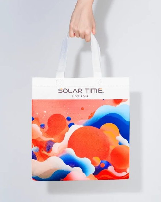 Beg tote Solar Time putih dengan cetakan ombak merah, oren dan biru