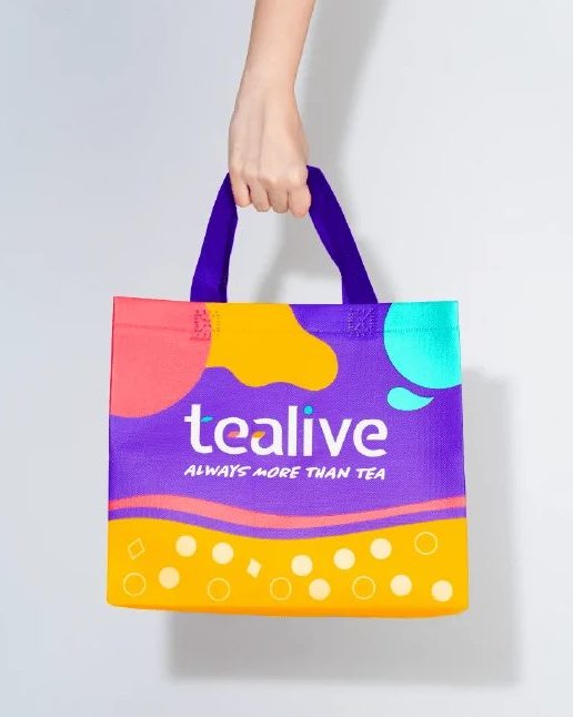 Beg tote Tealive kuning dan ungu dengan pemegang ungu