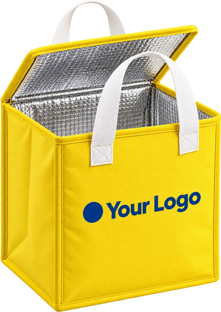 Yellow insulated cooler bag, open to show the silver foil lining