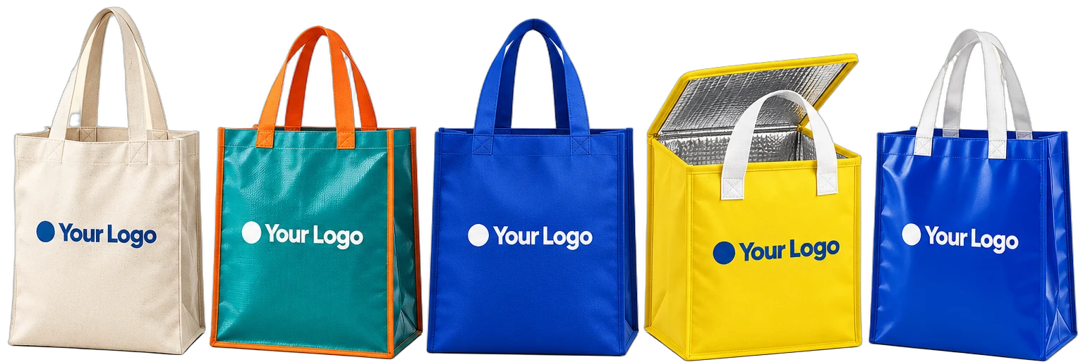 AALY's five bag types standing in a row: canvas, PP woven, non woven, cooler and non woven laminated bags, each printed with your logo