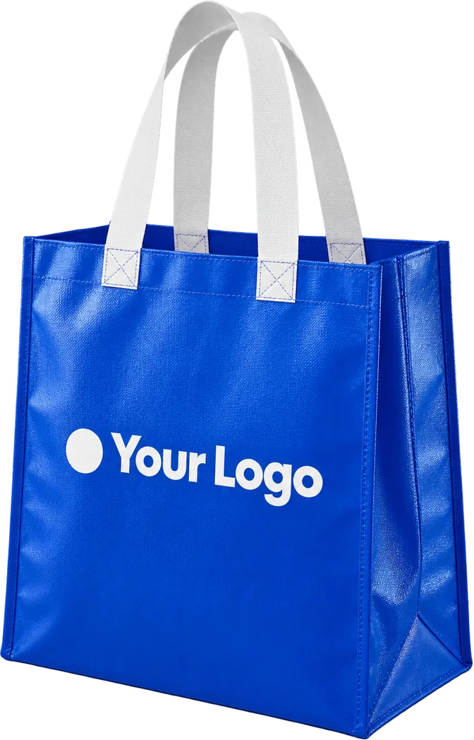 Glossy royal blue non woven laminated tote bag with white handles