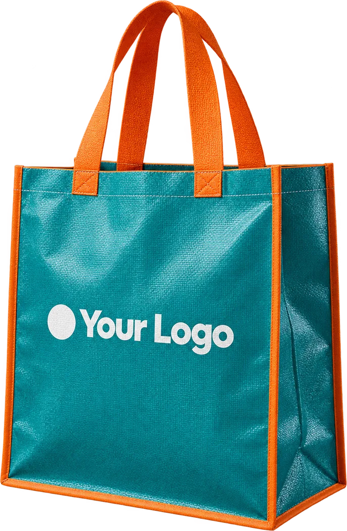Teal PP woven tote bag with orange binding and orange handles