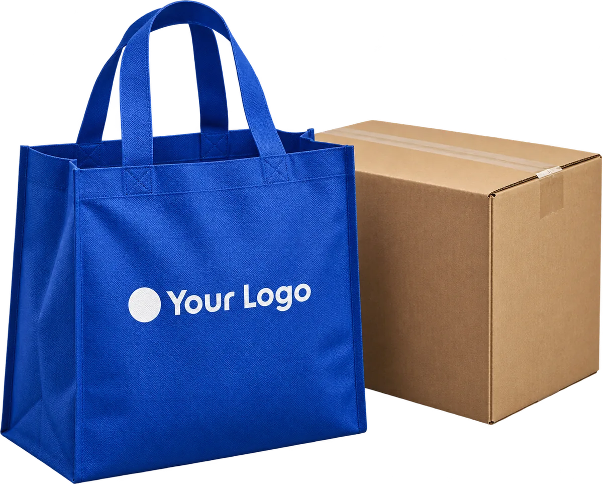 Royal blue non woven tote bag beside a brown courier box, ready for delivery