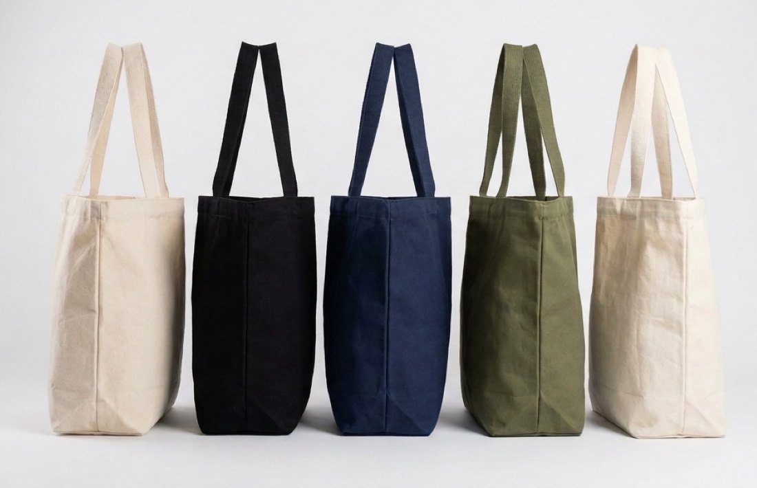 Plain cotton canvas tote bags in natural, black, navy and olive, standing upright